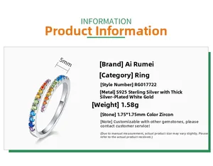 Detailed spec sheet for S925 sterling silver ring with 1.75mm rainbow cubic zirconia stones