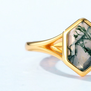 Hexagon cut green moss agate ring with minimalist split shank gold plated silver band