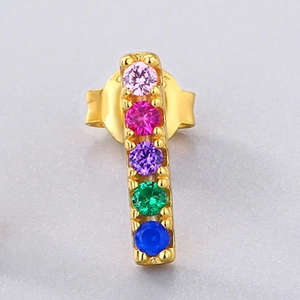 Vertical rainbow bar stud earrings with S925 silver gold plating and colorful zircons
