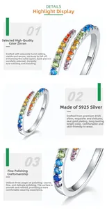 Detailed macro view of S925 silver rainbow ring with hand-set colorful cubic zirconia