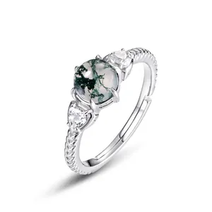 Anello in Argento Sterling 925 con Agata Muschiata per Donna Vintage Geometrico Tondo Verde Regolabile Aperto Gioielli