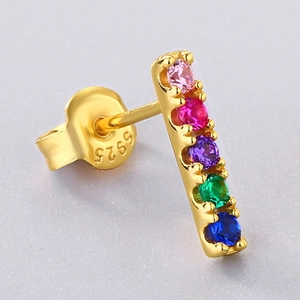 Rainbow bar earrings with S925 silver gold plating and five colorful cubic zirconia stones