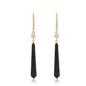 925 Sterling Silver Tassel Drop Earrings For Women Long Geometric Leverback Earrings With Black Zirconia Elegant Fashion Jewelry