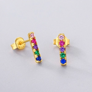 Elegant S925 sterling silver gold-plated vertical rainbow zircon stud earrings for women