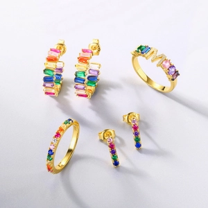 S925 sterling silver rainbow zircon jewelry set with gold plating and letter M ring