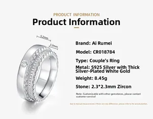 Macro de bague de couple en argent 925 avec zircon pavé et détails de bord perlé