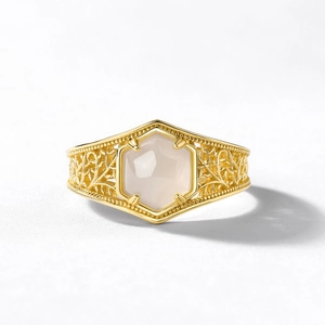 Vintage-Ring aus S925 Silber mit hexagonalem weißem Jade-Stein und Rankenmuster