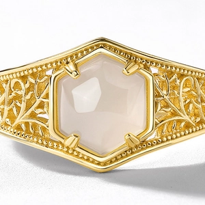 Vintage S925 Silberring vergoldet mit hexagonalem Nephrit und Reben-Filigran