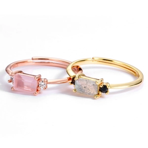 Minimalist S925 sterling silver adjustable rings with pink quartz and labradorite stones