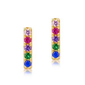 925 Sterling Silver Rainbow Zirconia Stud Earrings Gold Plated Vertical Row Linear Colorful Stone Earrings For Women Jewelry
