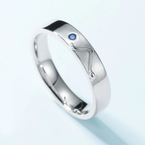 S925 sterling silver couple ring with blue gemstone and geometric engraved lines