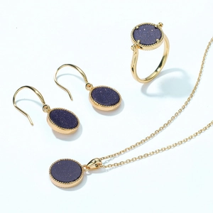Minimalistische S925 zilveren sieradenset met blauwe zandsteen schijven voor vrouwen