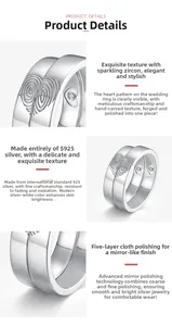 Macro detail of S925 sterling silver couple rings showing fingerprint heart design