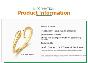 Détails d'une bague serpent en argent S925 plaqué or 10K avec des yeux en zircon blanc