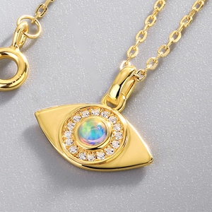 Collier mauvais œil en argent S925 plaqué or avec opale et zircons étincelants