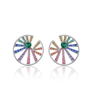 925 Sterling Silver Rainbow Zirconia Fan Shaped Stud Earrings Colorful Multicolor Windmill Earrings For Women Fashion Jewelry