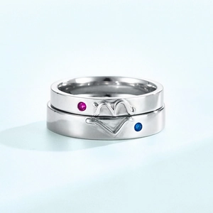 Minimalist S925 sterling silver couple rings with matching heart design and colored gems