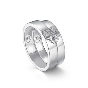 925 Sterling Silver Fingerprint Heart Rings For Couples Zirconia Inlaid Polished Finish Romantic Wedding Jewelry