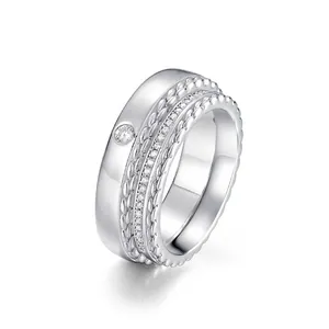 Bague de Couple en Argent Sterling 925 Zirconia Mode Simple Incrustée Bague Géométrique pour Femmes Hommes Bijoux Cadeau