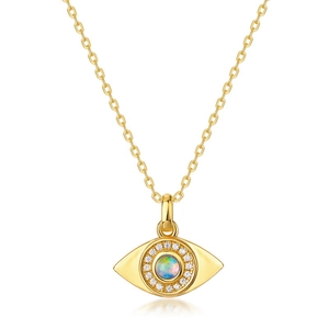 Collier minimaliste en argent S925 doré avec pendentif oeil maléfique et centre opale