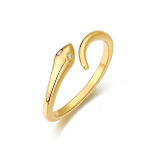 Bague Ouverte Serpent en Argent Sterling S925 pour Femme Ajustable Plaqué Or 10K Yeux en Zirconia Bijoux