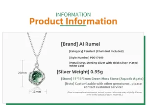 Detailed size specifications of S925 silver pendant with green moss agate stone