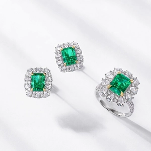 Parure de bijoux en argent S925 avec bague émeraude et boucles d'oreilles halo