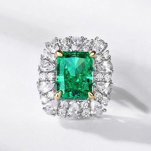Bague émeraude vintage en argent S925 avec pierre carrée et accents de diamants