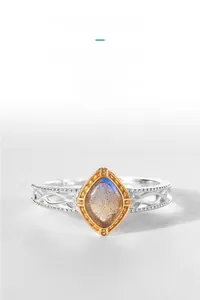 Macro view of vintage labradorite ring showing intricate hollow patterns and silver finish