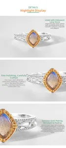 Macro view of diamond-shaped labradorite stone with vintage silver filigree details