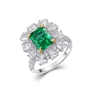 Bague Luxueuse en Argent Sterling 925 Strass Vert Émeraude pour Femme Bijou Élégant en Fleur Carrée Pendentif Double Usage