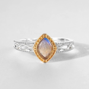 Vintage S925 sterling silver ring with labradorite stone and hollow floral texture