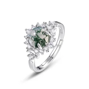 Vintage 925 Sterling Silver Ring For Women Green Moss Agate Open Adjustable Sunflower Finger Ring With Rhinestone Accents Fashion Jewelry Gift