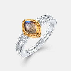 Bohemian S925 silver open ring with teardrop labradorite and vintage hollow patterns