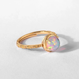 Minimalist S925 sterling silver opal ring with vintage gold geometric textured band