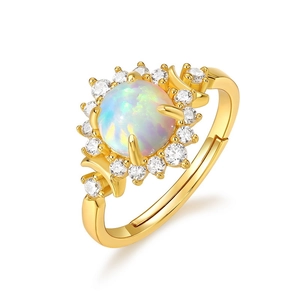 Adjustable gold sunflower ring with round moss agate opal and white zircon halo