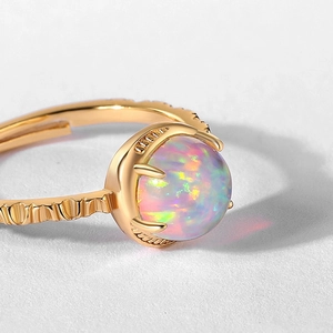Adjustable S925 sterling silver opal ring with vintage wavy gold band for women