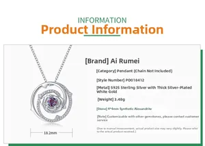 Detail view of S925 sterling silver rose pendant with alexandrite stone and dimensions