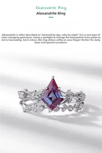 Close-up of kite-cut alexandrite stackable ring with silver leaf accents and colorful gems