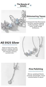 Detailed views of S925 sterling silver butterfly necklace with blue topaz stone
