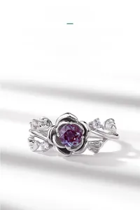 Detailed view of alexandrite rose ring in S925 sterling silver with small diamonds