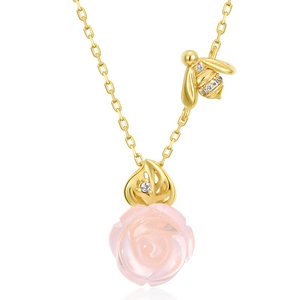 925 Sterlingsilber Rose Biene Halskette Für Damen Natürlicher Rosenquarz Zirkonia Vergoldet Süßer Romantischer Schmuck