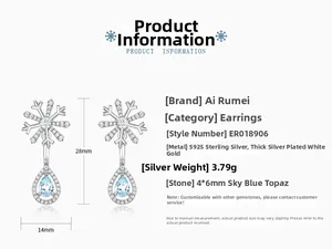 S925 sterling silver snowflake earrings with drop-shaped blue topaz details and dimensions