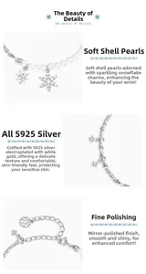 Detail of S925 sterling silver snowflake bracelet with lustrous shell pearls and extension chain