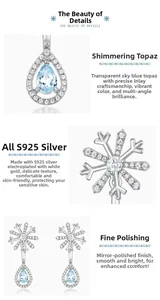 Macro view of S925 silver snowflake earrings with sky blue topaz waterdrop pendants