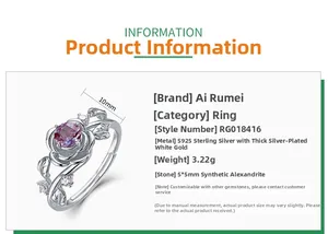 Close-up of S925 sterling silver rose ring with 5mm purple alexandrite gemstone detail