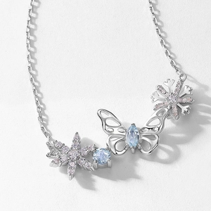 S925 sterling silver necklace featuring hollow butterfly and snowflake pendants with zircons