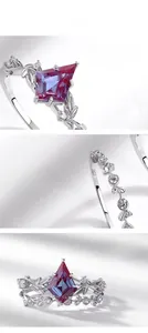 Macro detail of S925 silver ring featuring leaf designs and a rhombus alexandrite stone