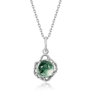 Vintage 925 Sterling Silver Moss Agate Pendant Necklace Elegant Round Green Natural Stone Vine Design For Women Gift Jewelry