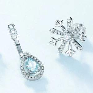 Elegant S925 silver snowflake earrings featuring a light blue teardrop topaz gemstone